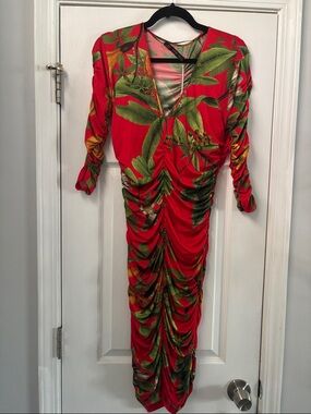 Zara Red Tropical Ruched Long Sleeve Midi Dress